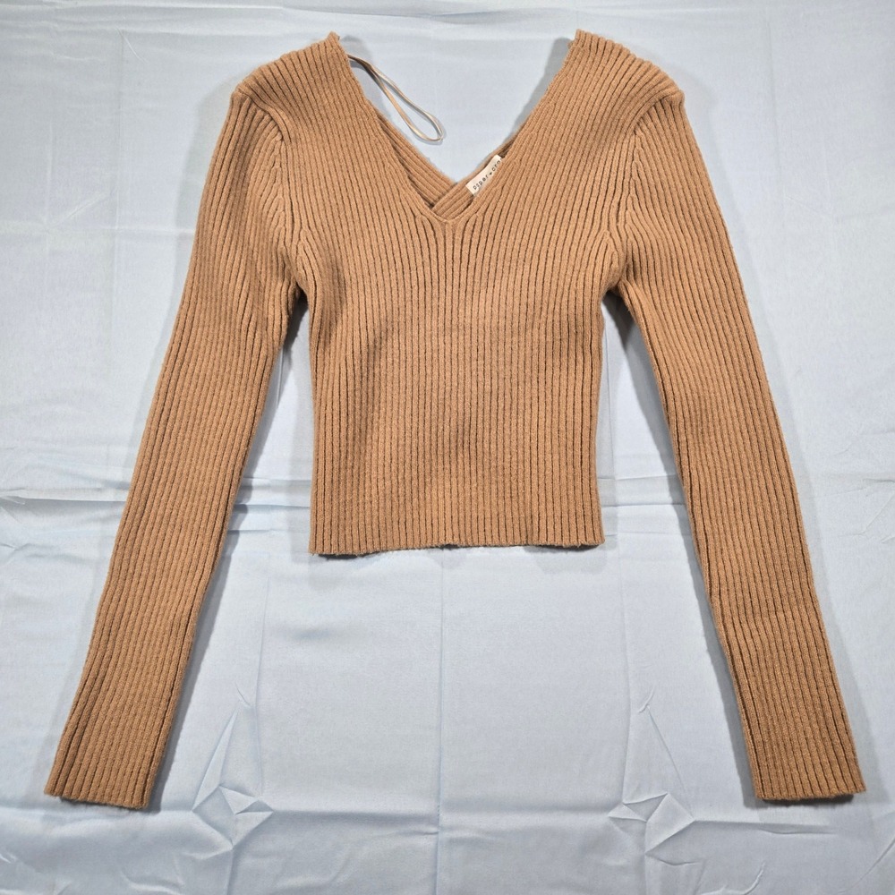 Paper Crane Womens‎ Tan Ribbed V-Neck Surplice Back Long Sleeve Sweater Large